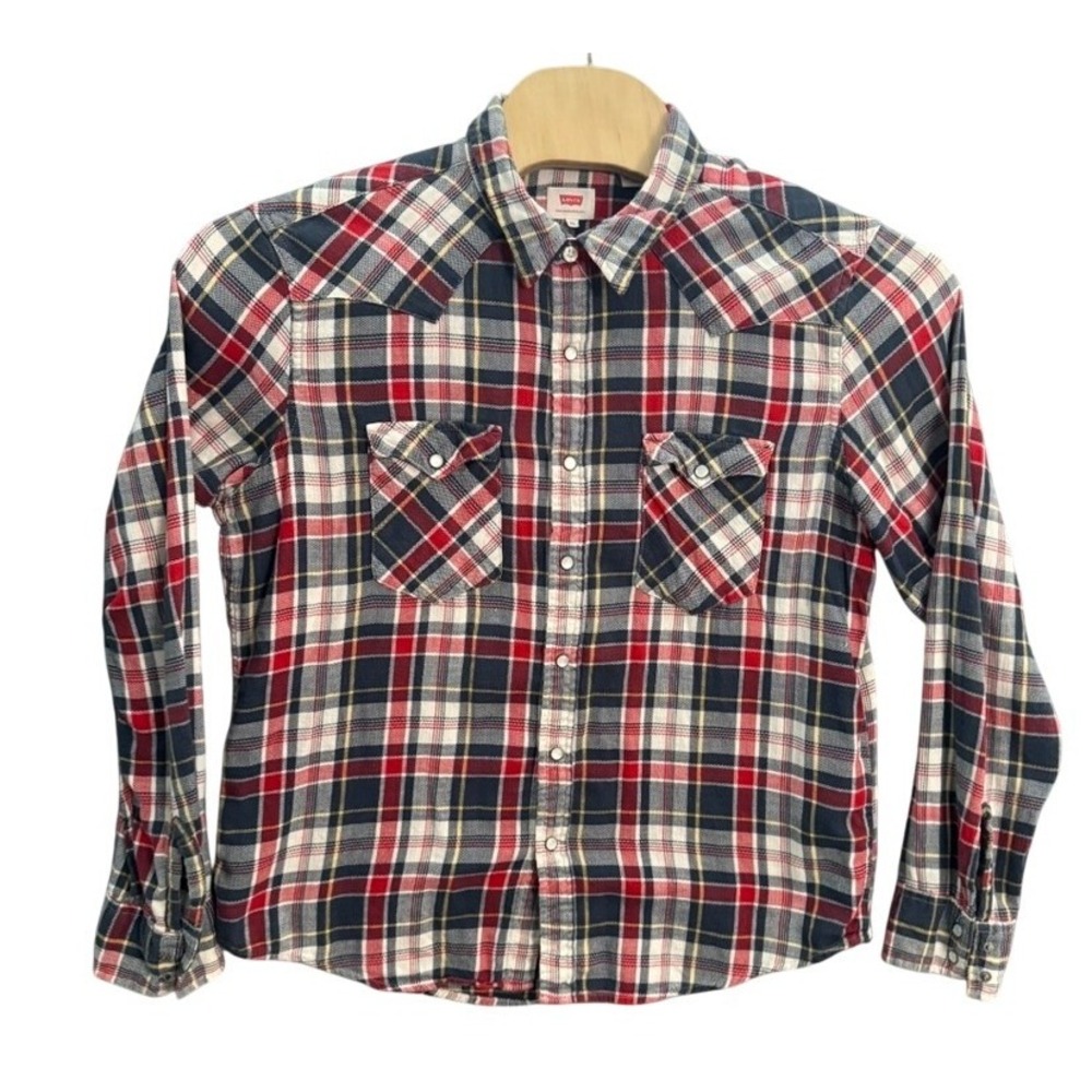 Levis Mens XL Red Navy Plaid Cotton Flannel Western Pearl Snap Button Down Shirt